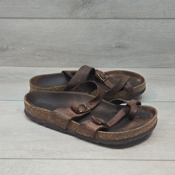 Birkenstock Women Mayari Loop Toe Brown Leather Sandals Shoes Sz 38/7 Regular - Picture 1 of 12